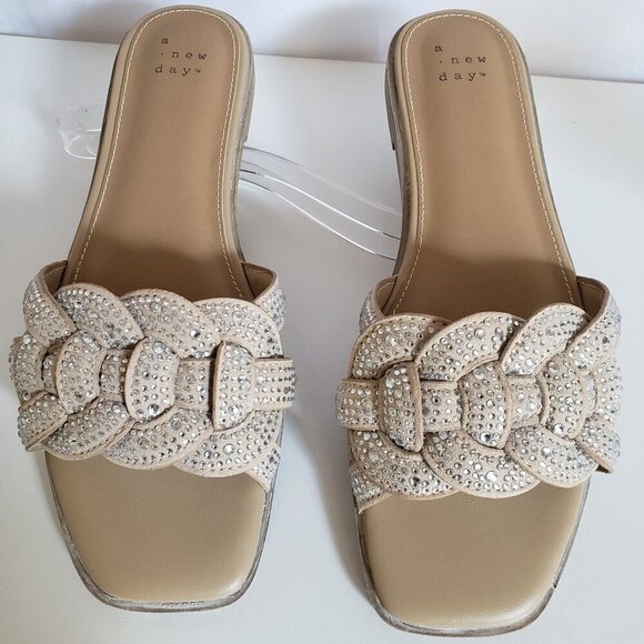 A. New Day Shoes - A. New Day - Slip On Tan Shoes with Rhinestones. Size 7 1/2
